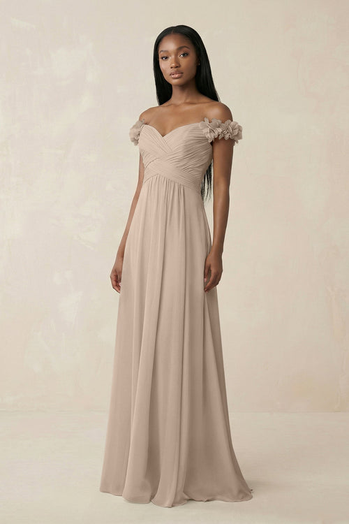 Pleated Off - the - Shoulder A - Line Chiffon Bridesmaid Dress in Almond - KissProm Bridesmaid Dresses