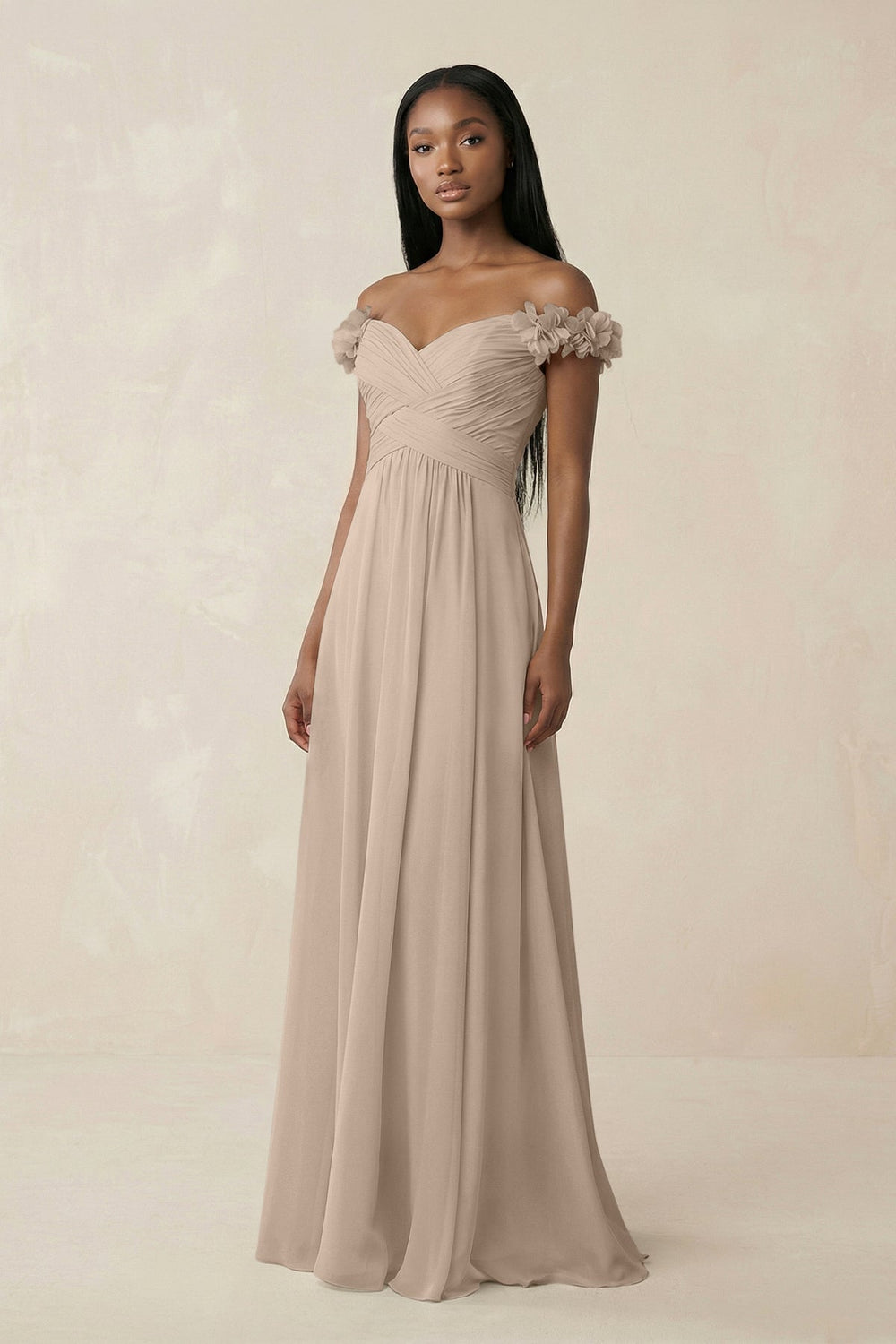 Pleated Off - the - Shoulder A - Line Chiffon Bridesmaid Dress in Almond - KissProm Bridesmaid Dresses