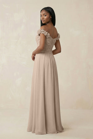 Pleated Off - the - Shoulder A - Line Chiffon Bridesmaid Dress in Almond - KissProm Bridesmaid Dresses