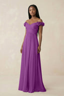 Pleated Off - the - Shoulder A - Line Chiffon Bridesmaid Dress in Amethyst - KissProm Bridesmaid Dresses