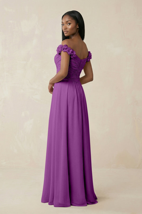 Pleated Off - the - Shoulder A - Line Chiffon Bridesmaid Dress in Amethyst - KissProm Bridesmaid Dresses