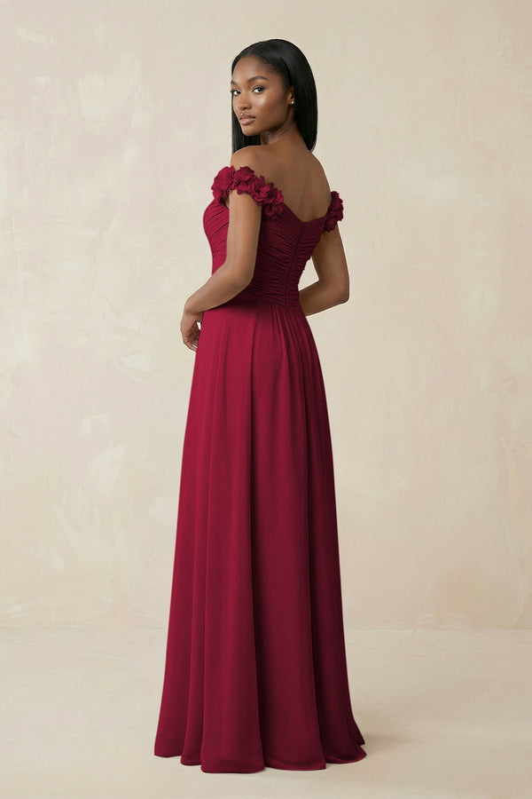 Pleated Off - the - Shoulder A - Line Chiffon Bridesmaid Dress in Berry - KissProm Bridesmaid Dresses