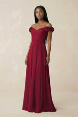 Pleated Off - the - Shoulder A - Line Chiffon Bridesmaid Dress in Berry - KissProm Bridesmaid Dresses