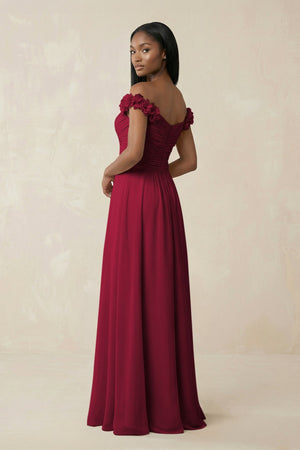 Pleated Off - the - Shoulder A - Line Chiffon Bridesmaid Dress in Berry - KissProm Bridesmaid Dresses