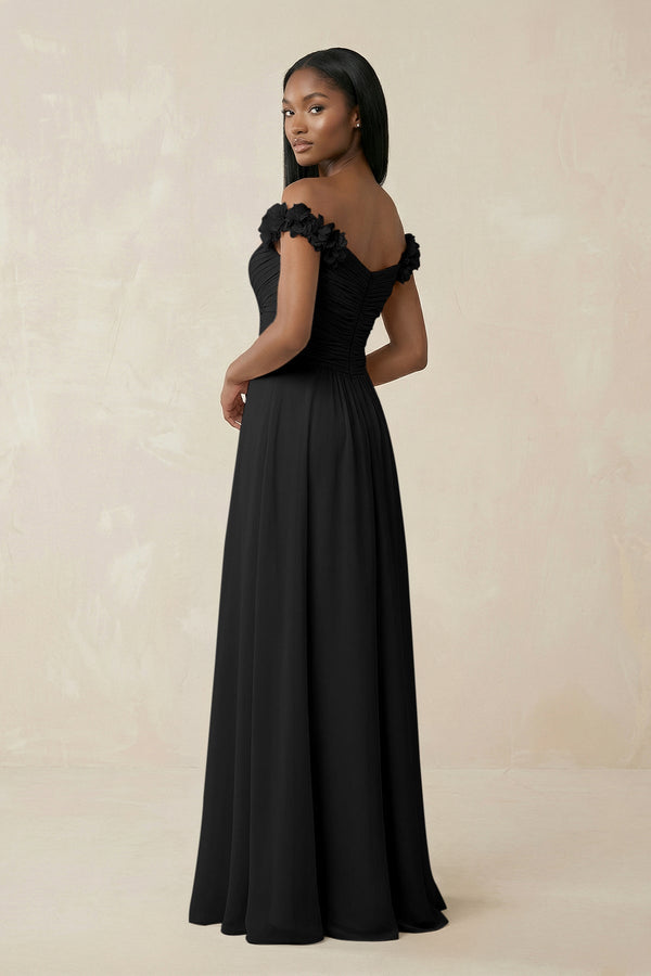 Pleated Off - the - Shoulder A - Line Chiffon Bridesmaid Dress in Black - KissProm Bridesmaid Dresses