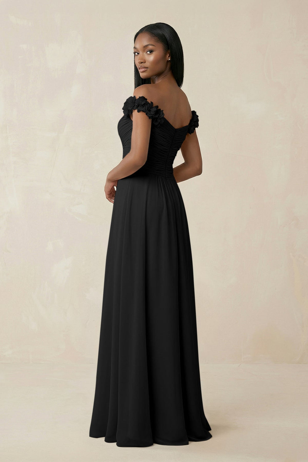 Pleated Off - the - Shoulder A - Line Chiffon Bridesmaid Dress in Black - KissProm Bridesmaid Dresses