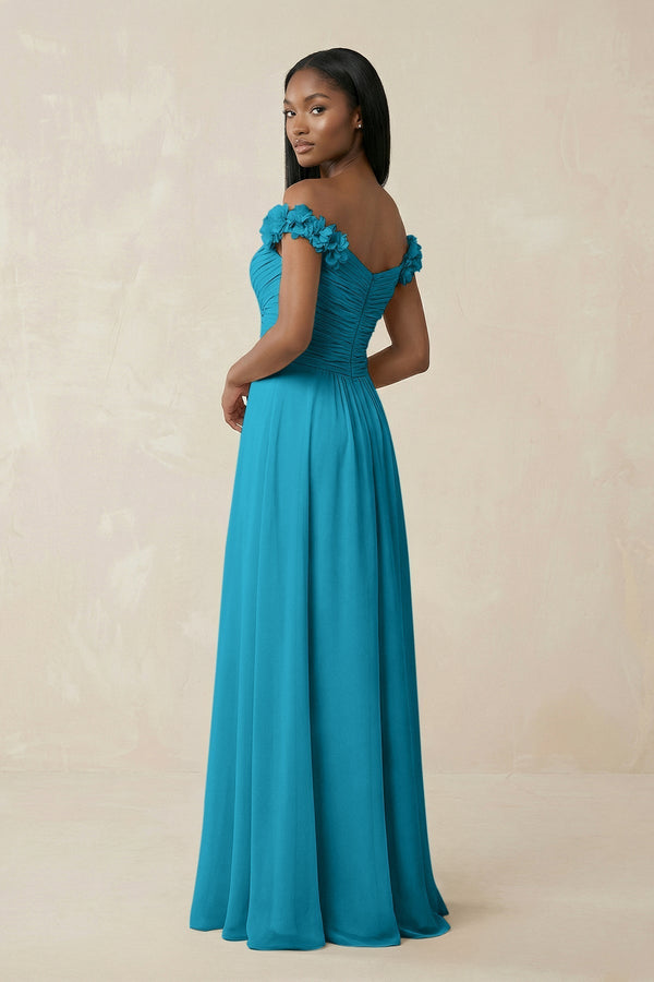 Pleated Off - the - Shoulder A - Line Chiffon Bridesmaid Dress in Blue Jay - KissProm Bridesmaid Dresses