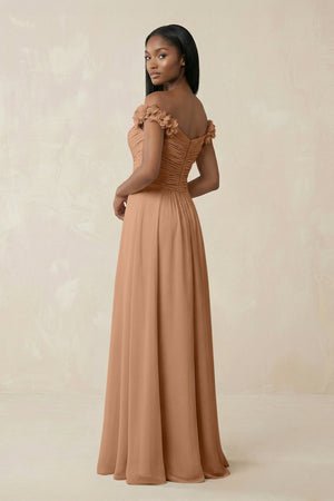 Pleated Off - the - Shoulder A - Line Chiffon Bridesmaid Dress in Bronzer - KissProm Bridesmaid Dresses