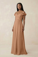 Pleated Off - the - Shoulder A - Line Chiffon Bridesmaid Dress in Bronzer - KissProm Bridesmaid Dresses