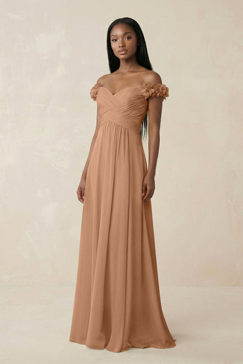 Pleated Off - the - Shoulder A - Line Chiffon Bridesmaid Dress in Bronzer - KissProm Bridesmaid Dresses