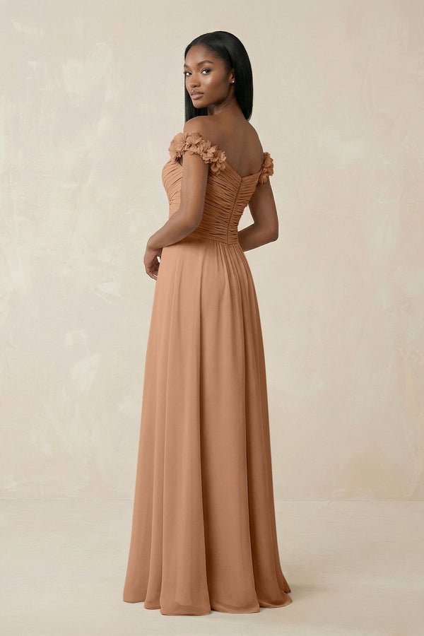 Pleated Off - the - Shoulder A - Line Chiffon Bridesmaid Dress in Bronzer - KissProm Bridesmaid Dresses