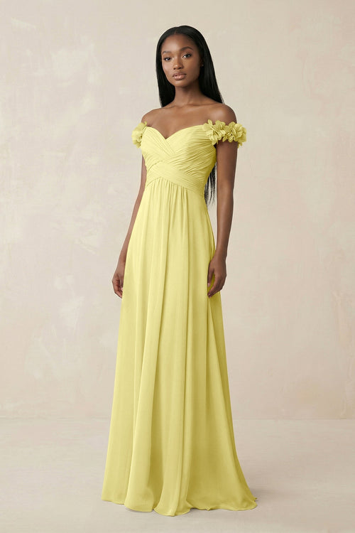 Pleated Off - the - Shoulder A - Line Chiffon Bridesmaid Dress in Buttercup - KissProm Bridesmaid Dresses