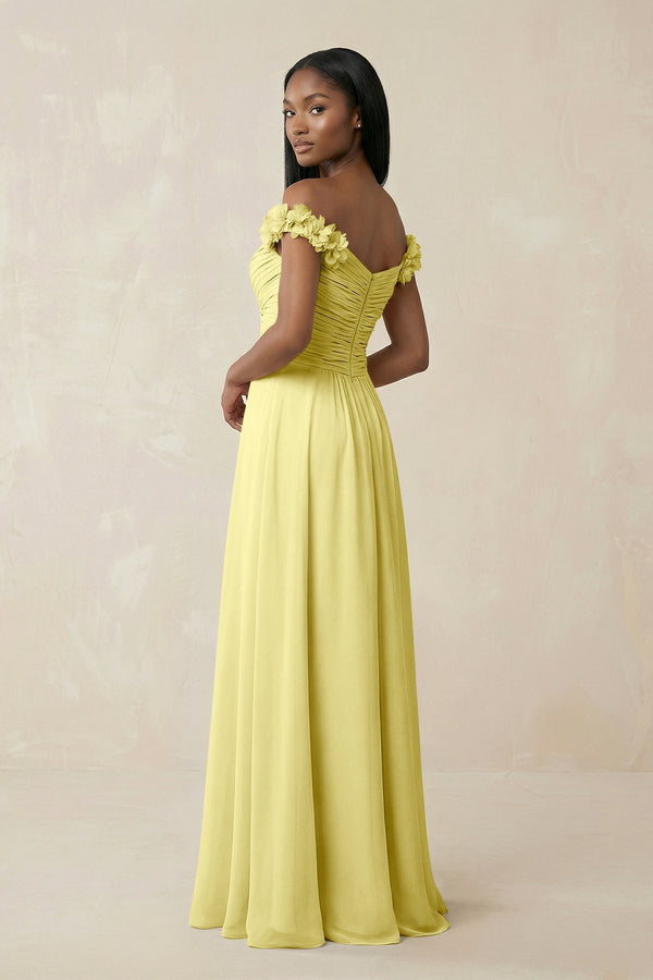 Pleated Off - the - Shoulder A - Line Chiffon Bridesmaid Dress in Buttercup - KissProm Bridesmaid Dresses