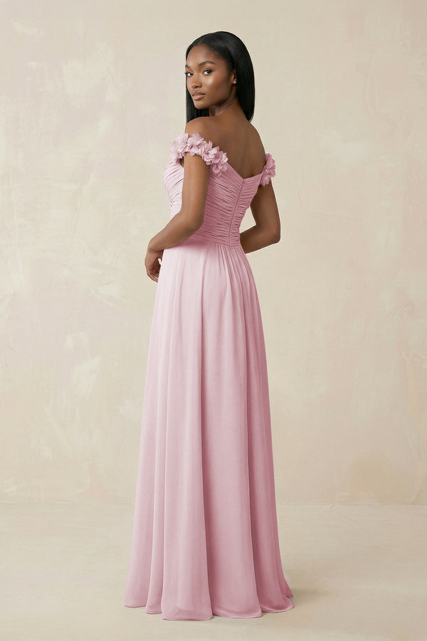 Pleated Off - the - Shoulder A - Line Chiffon Bridesmaid Dress in Candy Pink - KissProm Bridesmaid Dresses