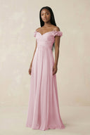 Pleated Off - the - Shoulder A - Line Chiffon Bridesmaid Dress in Candy Pink - KissProm Bridesmaid Dresses