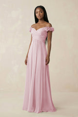 Pleated Off - the - Shoulder A - Line Chiffon Bridesmaid Dress in Candy Pink - KissProm Bridesmaid Dresses