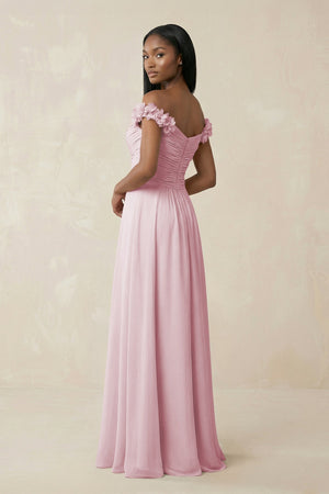 Pleated Off - the - Shoulder A - Line Chiffon Bridesmaid Dress in Candy Pink - KissProm Bridesmaid Dresses