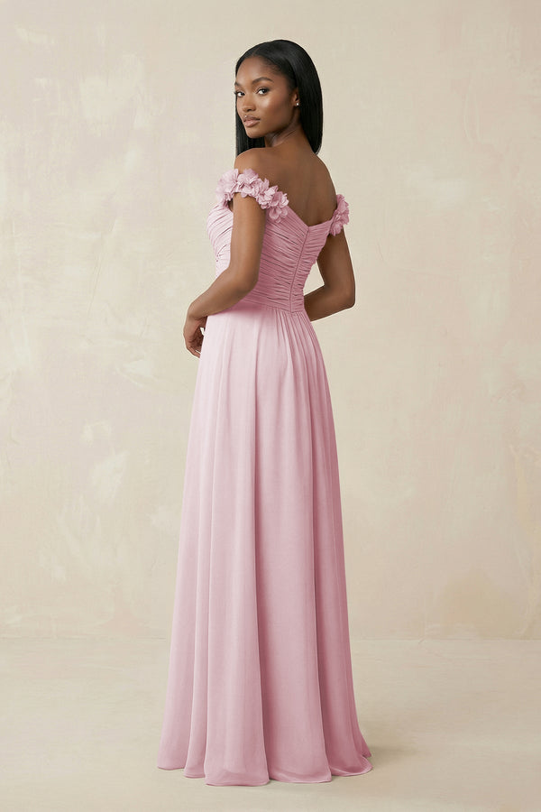 Pleated Off - the - Shoulder A - Line Chiffon Bridesmaid Dress in Candy Pink - KissProm Bridesmaid Dresses