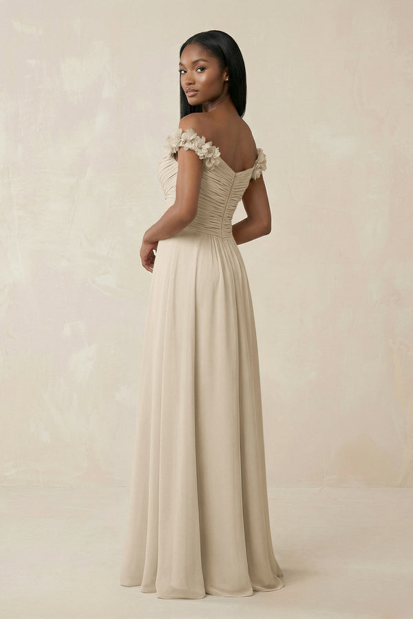 Pleated Off - the - Shoulder A - Line Chiffon Bridesmaid Dress in Champagne - KissProm Bridesmaid Dresses