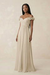 Pleated Off - the - Shoulder A - Line Chiffon Bridesmaid Dress in Champagne - KissProm Bridesmaid Dresses