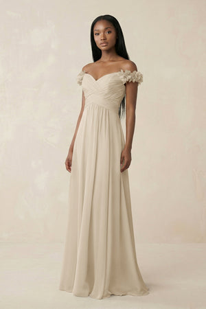 Pleated Off - the - Shoulder A - Line Chiffon Bridesmaid Dress in Champagne - KissProm Bridesmaid Dresses
