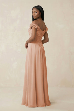 Pleated Off - the - Shoulder A - Line Chiffon Bridesmaid Dress in Champagne Rose - KissProm Bridesmaid Dresses