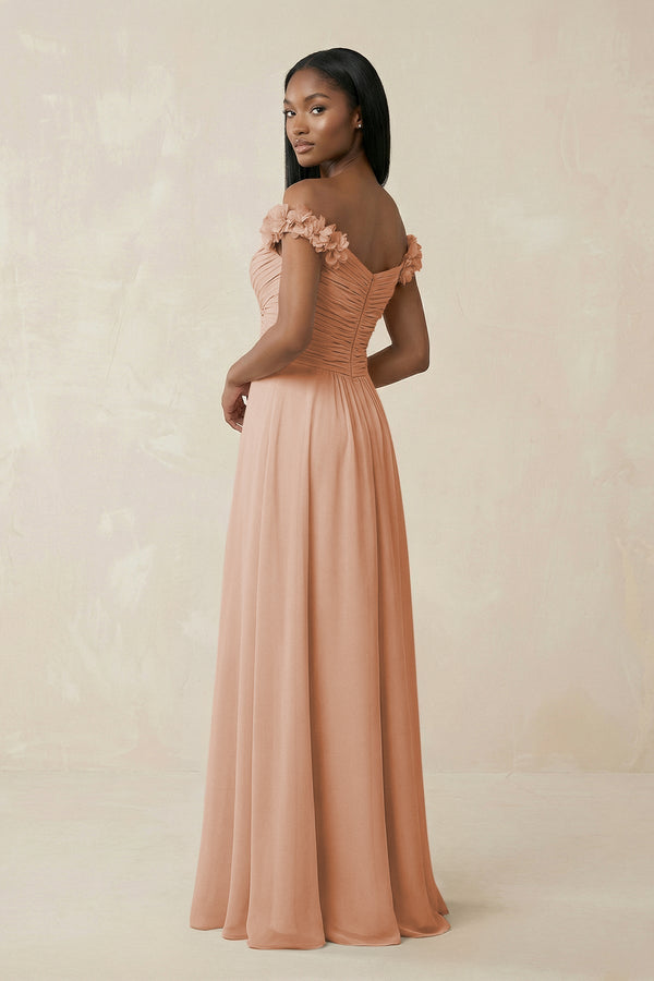 Pleated Off - the - Shoulder A - Line Chiffon Bridesmaid Dress in Champagne Rose - KissProm Bridesmaid Dresses