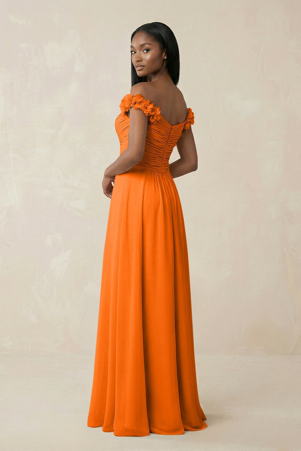 Pleated Off - the - Shoulder A - Line Chiffon Bridesmaid Dress in Cinnamon - KissProm Bridesmaid Dresses