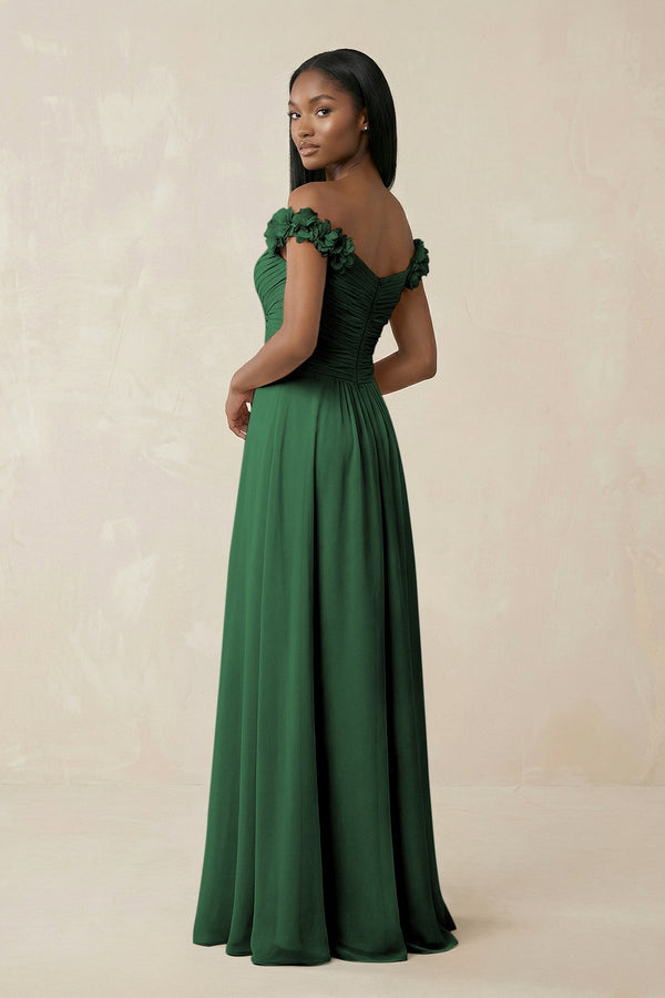 Pleated Off - the - Shoulder A - Line Chiffon Bridesmaid Dress in Dark Green - KissProm Bridesmaid Dresses