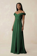 Pleated Off - the - Shoulder A - Line Chiffon Bridesmaid Dress in Dark Green - KissProm Bridesmaid Dresses