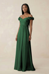 Pleated Off - the - Shoulder A - Line Chiffon Bridesmaid Dress in Dark Green - KissProm Bridesmaid Dresses