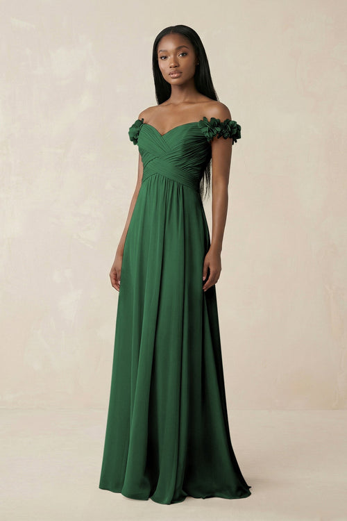 Pleated Off - the - Shoulder A - Line Chiffon Bridesmaid Dress in Dark Green - KissProm Bridesmaid Dresses