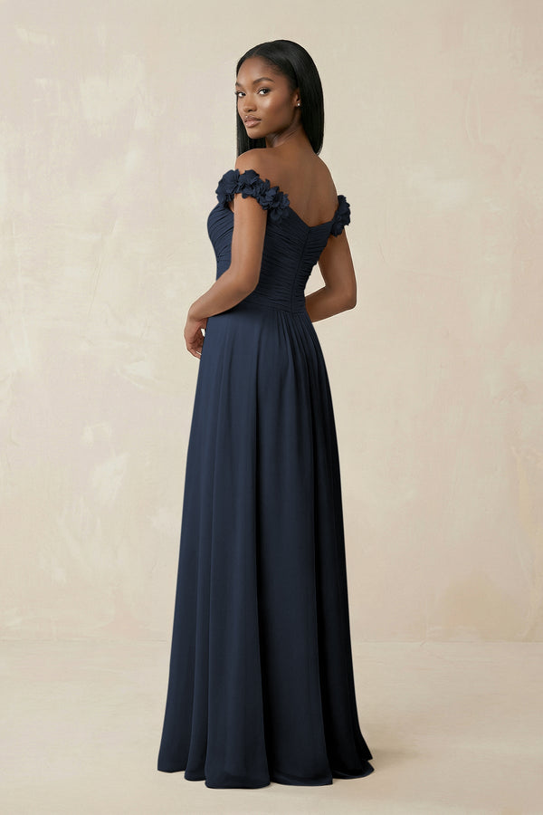Pleated Off - the - Shoulder A - Line Chiffon Bridesmaid Dress in Dark Navy - KissProm Bridesmaid Dresses