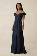 Pleated Off - the - Shoulder A - Line Chiffon Bridesmaid Dress in Black - KissProm Bridesmaid Dresses