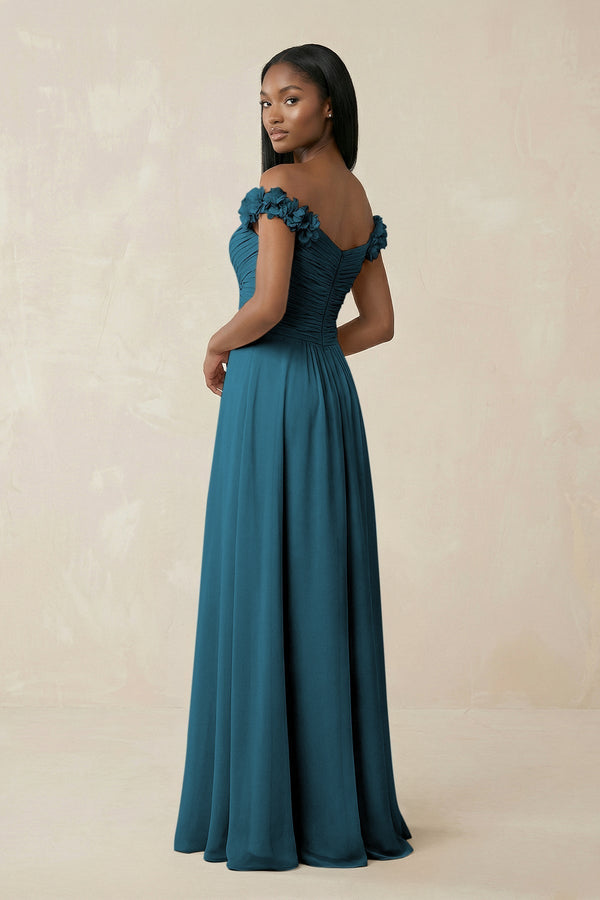 Pleated Off - the - Shoulder A - Line Chiffon Bridesmaid Dress in Dark Teal - KissProm Bridesmaid Dresses