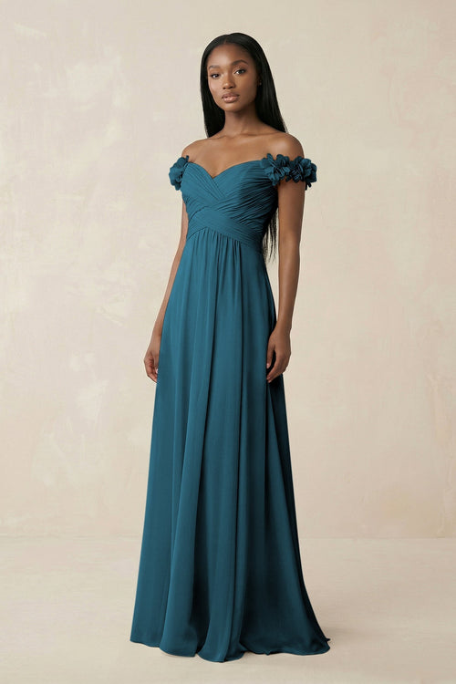 Pleated Off - the - Shoulder A - Line Chiffon Bridesmaid Dress in Dark Teal - KissProm Bridesmaid Dresses
