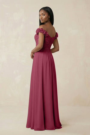 Pleated Off - the - Shoulder A - Line Chiffon Bridesmaid Dress in Desert Rose - KissProm Bridesmaid Dresses