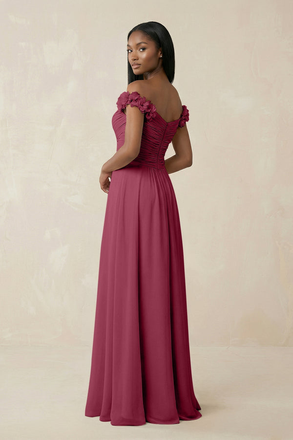 Pleated Off - the - Shoulder A - Line Chiffon Bridesmaid Dress in Desert Rose - KissProm Bridesmaid Dresses