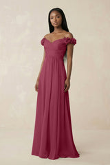 Pleated Off - the - Shoulder A - Line Chiffon Bridesmaid Dress in Desert Rose - KissProm Bridesmaid Dresses