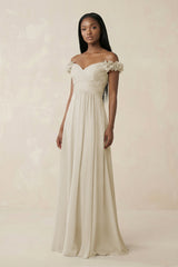 Pleated Off - the - Shoulder A - Line Chiffon Bridesmaid Dress in Dove Gray - KissProm Bridesmaid Dresses
