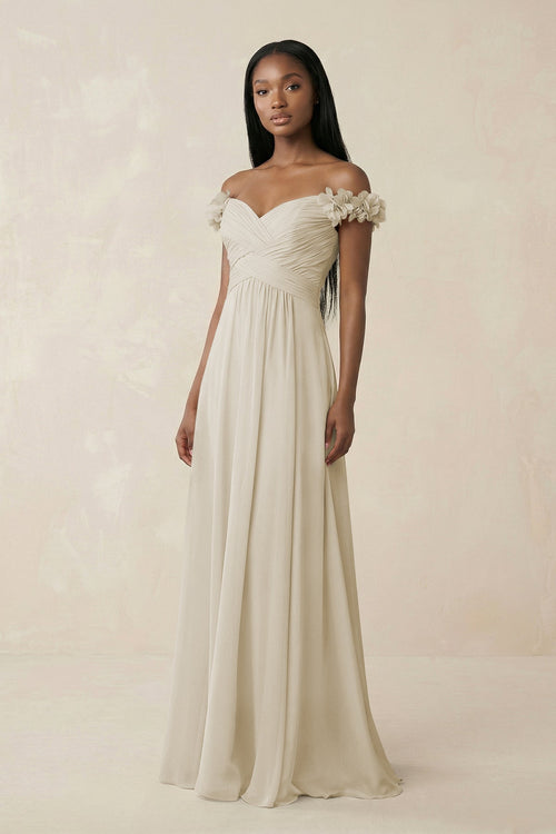 Pleated Off - the - Shoulder A - Line Chiffon Bridesmaid Dress in Dove Gray - KissProm Bridesmaid Dresses