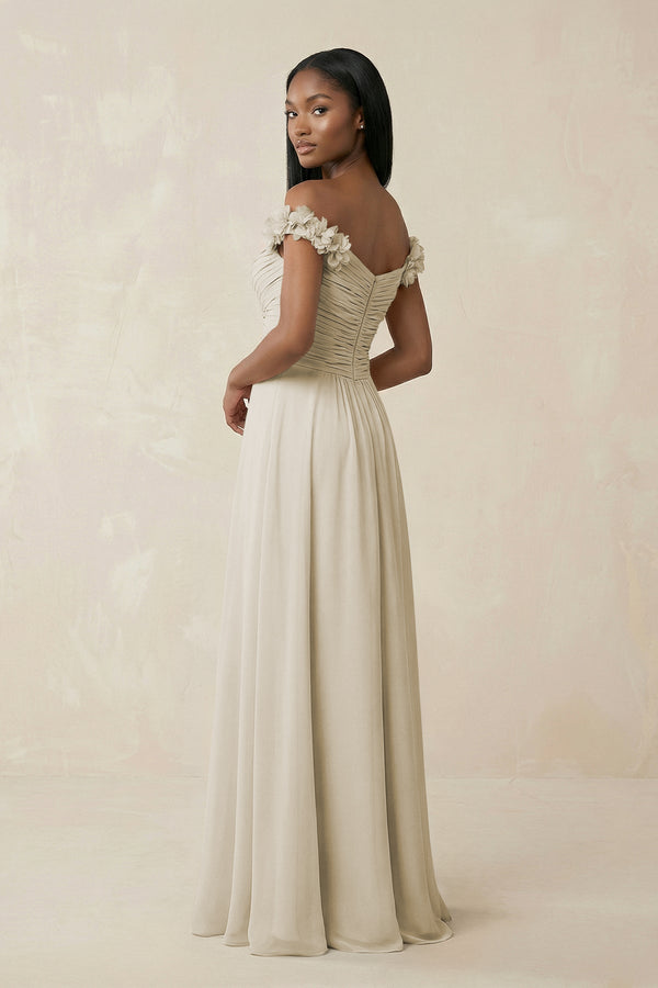 Pleated Off - the - Shoulder A - Line Chiffon Bridesmaid Dress in Dove Gray - KissProm Bridesmaid Dresses