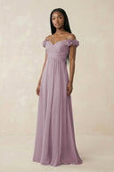 Pleated Off - the - Shoulder A - Line Chiffon Bridesmaid Dress in Dusk - KissProm Bridesmaid Dresses