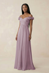 Pleated Off - the - Shoulder A - Line Chiffon Bridesmaid Dress in Dusk - KissProm Bridesmaid Dresses