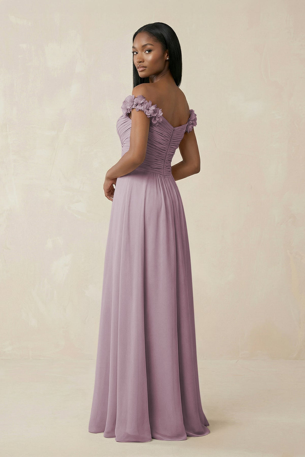 Pleated Off - the - Shoulder A - Line Chiffon Bridesmaid Dress in Dusk - KissProm Bridesmaid Dresses