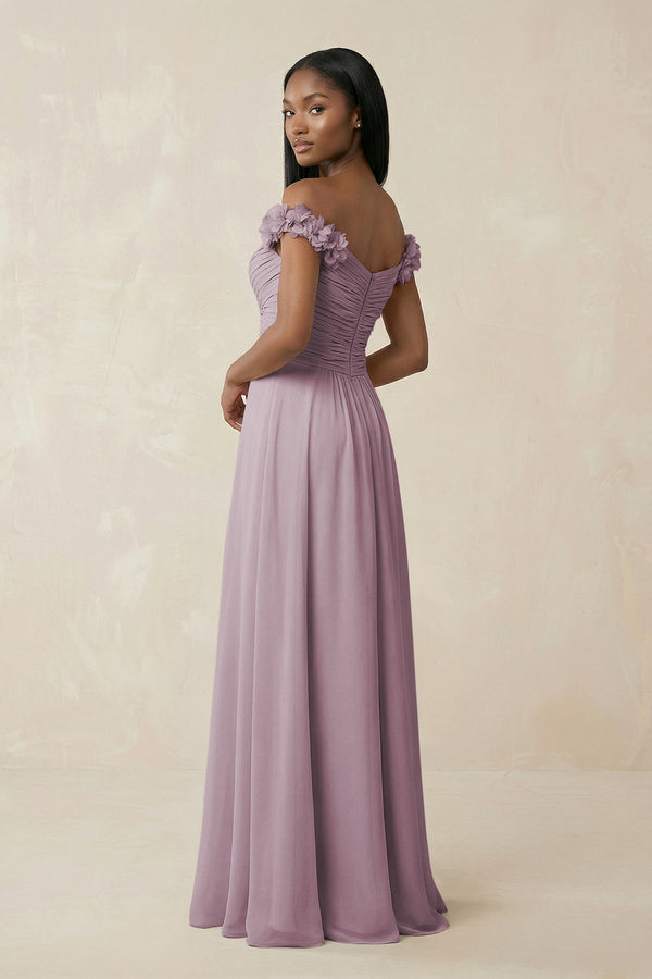 Pleated Off - the - Shoulder A - Line Chiffon Bridesmaid Dress in Dusk - KissProm Bridesmaid Dresses