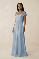 Pleated Off - the - Shoulder A - Line Chiffon Bridesmaid Dress in Dusty Blue - KissProm Bridesmaid Dresses