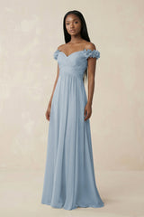 Pleated Off - the - Shoulder A - Line Chiffon Bridesmaid Dress in Dusty Blue - KissProm Bridesmaid Dresses
