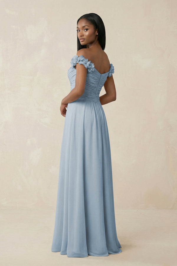 Pleated Off - the - Shoulder A - Line Chiffon Bridesmaid Dress in Dusty Blue - KissProm Bridesmaid Dresses