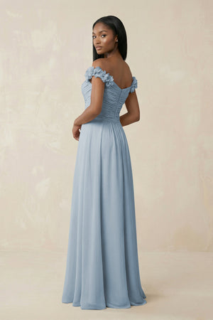 Pleated Off - the - Shoulder A - Line Chiffon Bridesmaid Dress in Dusty Blue - KissProm Bridesmaid Dresses